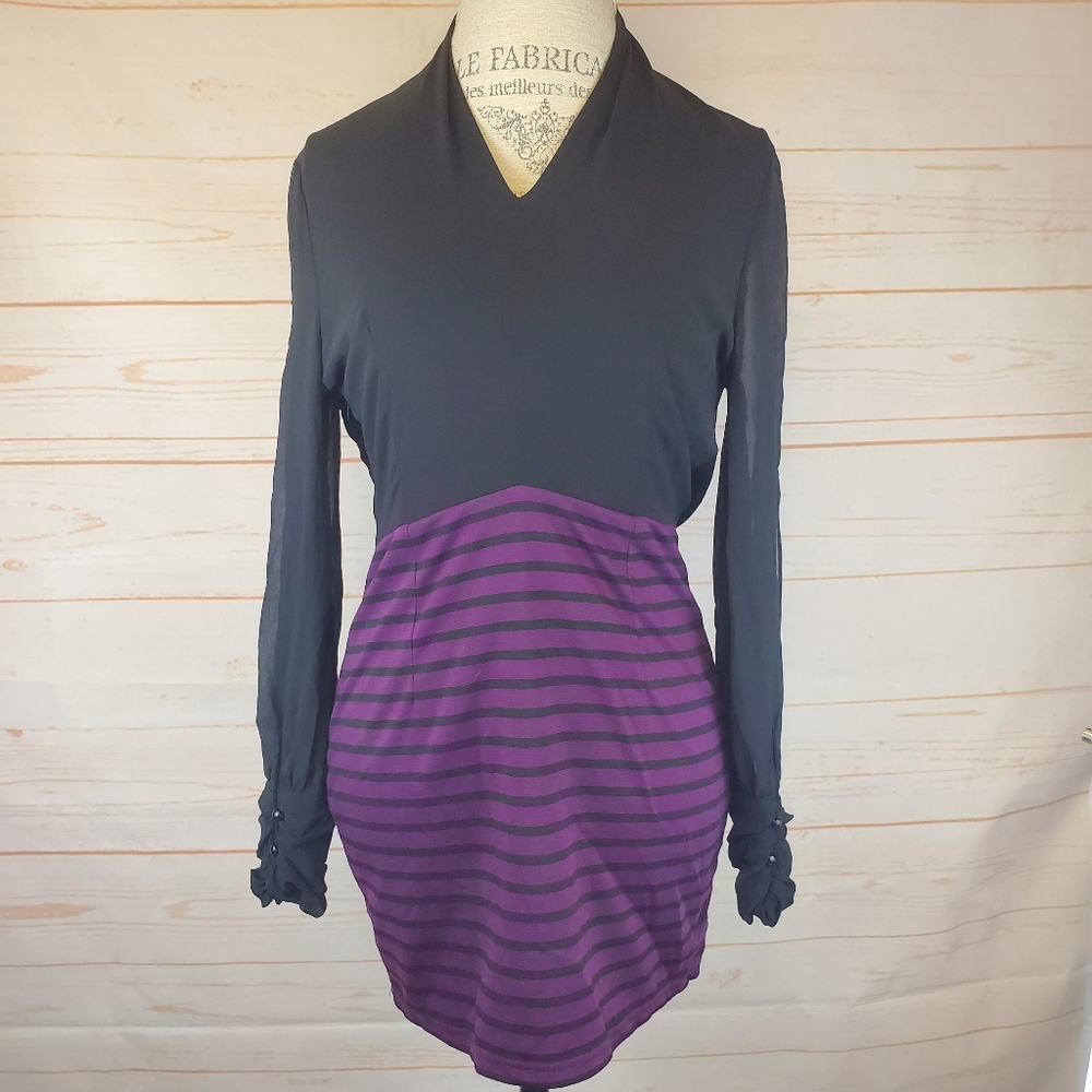 Long Sleeve Purple Striped Open Back Dress
